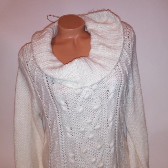 St Johns Bay Sweater Large Ivory Cream Chunky Knit Turtleneck Cowl Neck Pullover - Picture 4 of 9